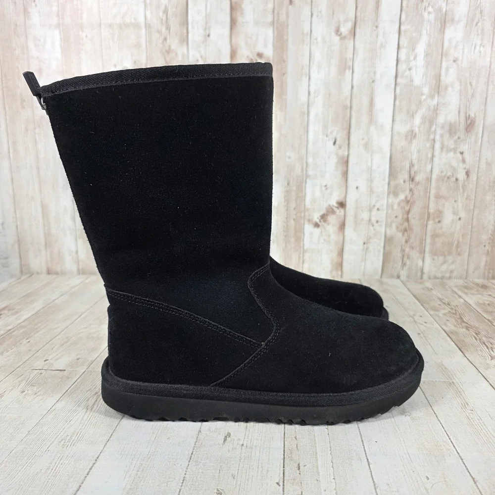 UGG Black Suede Back Zip Mid Calf Winter Boots‎ 1103029K Womens 5.5 Kids 4